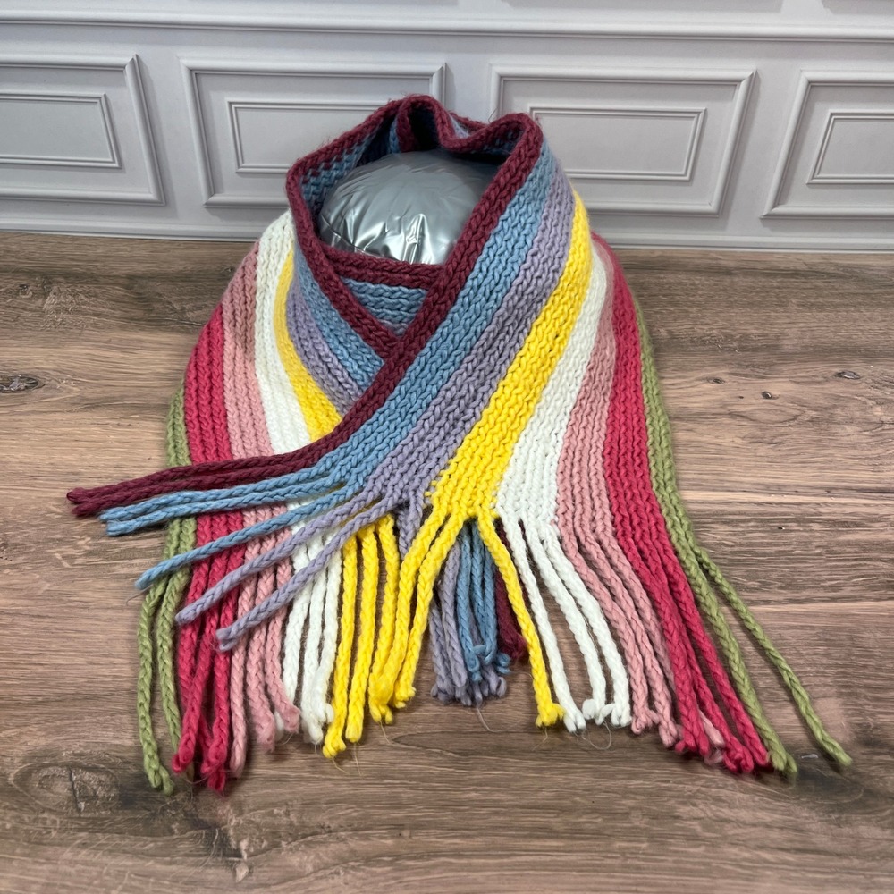 Handmade Chunky‎ Knit Scarf Unisex Multicolor Striped Braided Fringe Winter